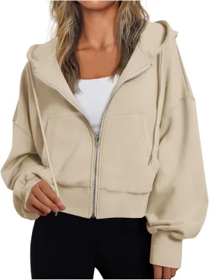 Women's Long Sleeve Casual Crop Hoodies Sweatshirts Zip Up Loose Hooded Tops Drawstraing Trendy Sweatshirt
