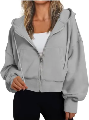 Women's Long Sleeve Casual Crop Hoodies Sweatshirts Zip Up Loose Hooded Tops Drawstraing Trendy Sweatshirt