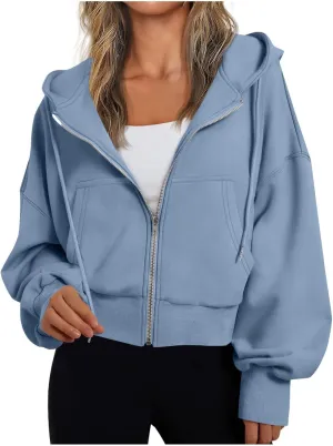 Women's Long Sleeve Casual Crop Hoodies Sweatshirts Zip Up Loose Hooded Tops Drawstraing Trendy Sweatshirt