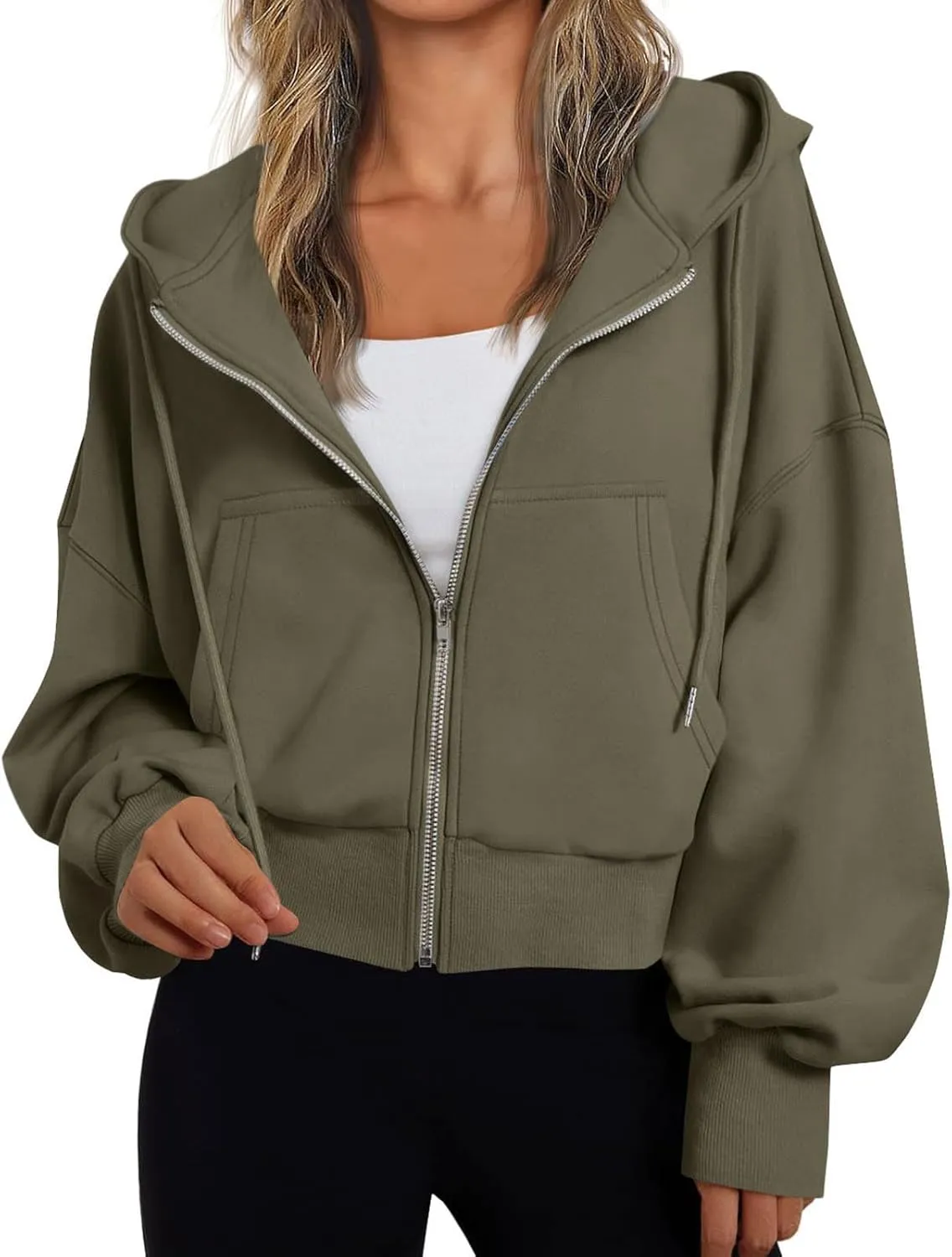 Women's Long Sleeve Casual Crop Hoodies Sweatshirts Zip Up Loose Hooded Tops Drawstraing Trendy Sweatshirt