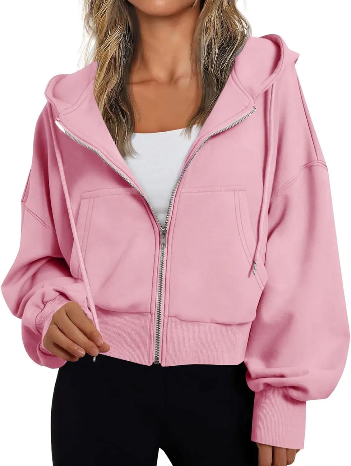 Women's Long Sleeve Casual Crop Hoodies Sweatshirts Zip Up Loose Hooded Tops Drawstraing Trendy Sweatshirt