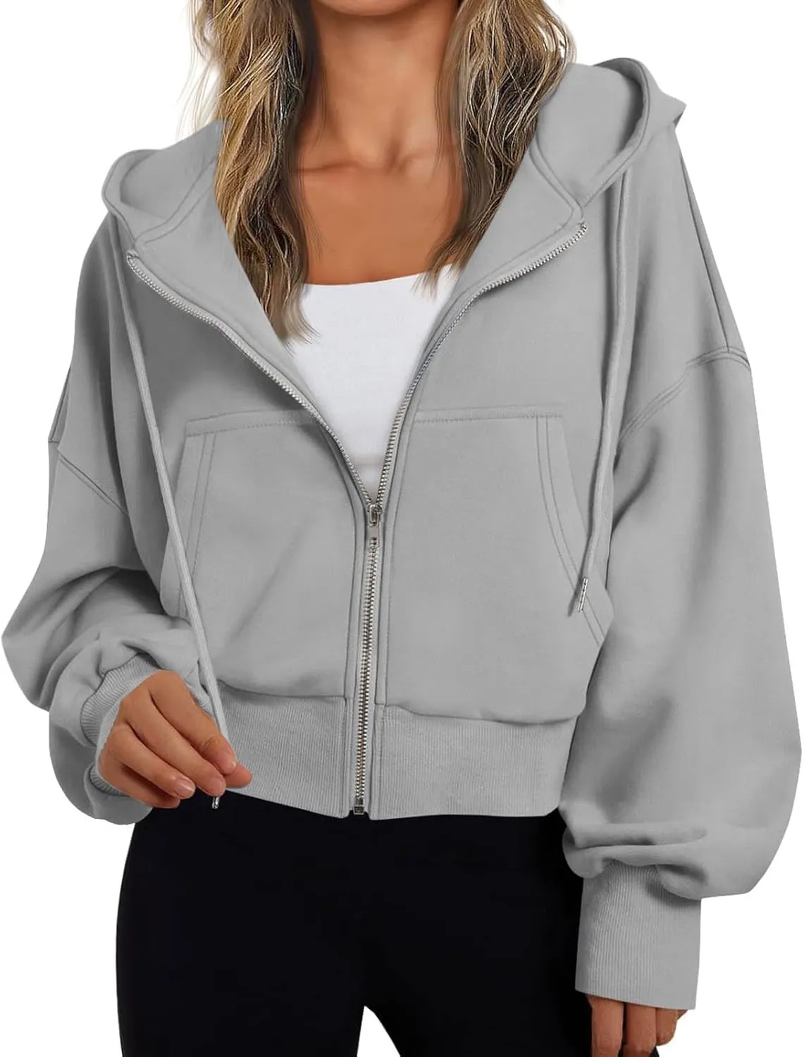 Women's Long Sleeve Casual Crop Hoodies Sweatshirts Zip Up Loose Hooded Tops Drawstraing Trendy Sweatshirt
