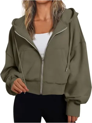 Women's Long Sleeve Casual Crop Hoodies Sweatshirts Zip Up Loose Hooded Tops Drawstraing Trendy Sweatshirt
