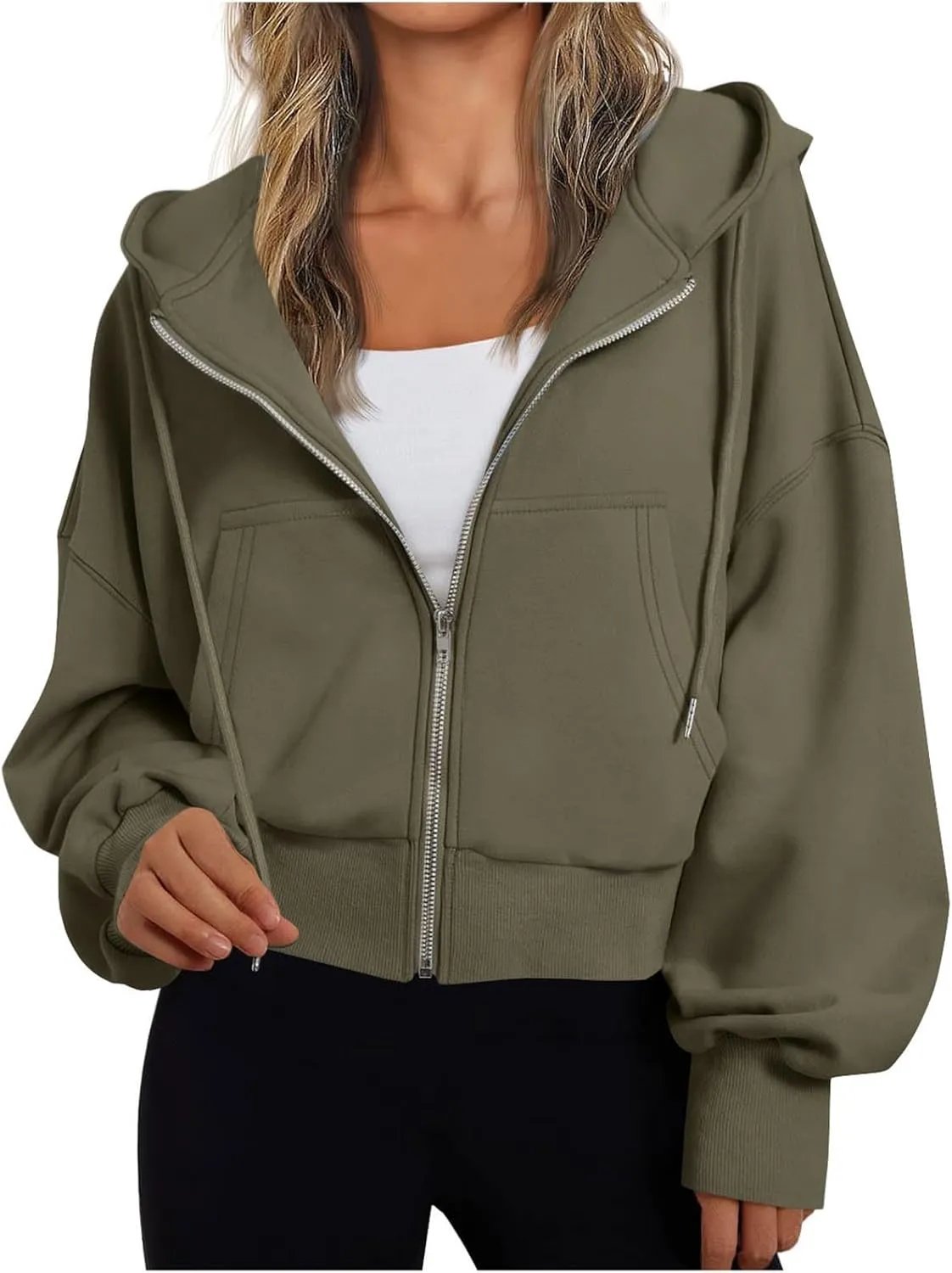 Women's Long Sleeve Casual Crop Hoodies Sweatshirts Zip Up Loose Hooded Tops Drawstraing Trendy Sweatshirt