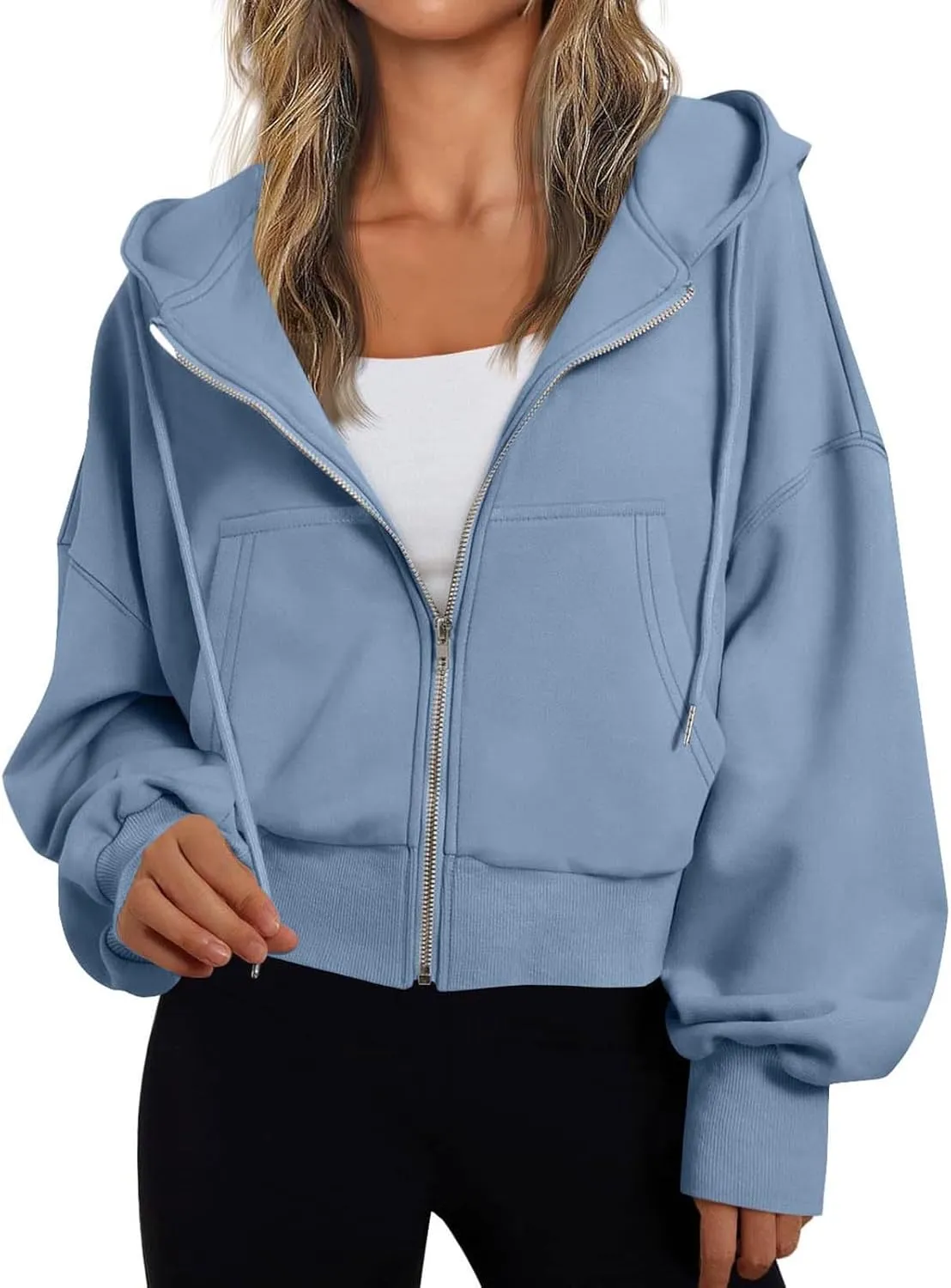 Women's Long Sleeve Casual Crop Hoodies Sweatshirts Zip Up Loose Hooded Tops Drawstraing Trendy Sweatshirt