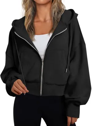 Women's Long Sleeve Casual Crop Hoodies Sweatshirts Zip Up Loose Hooded Tops Drawstraing Trendy Sweatshirt