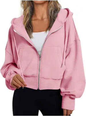 Women's Long Sleeve Casual Crop Hoodies Sweatshirts Zip Up Loose Hooded Tops Drawstraing Trendy Sweatshirt