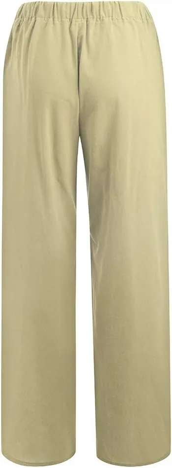 Womens Low-Rise Flowy Linen Pants Summer Beach Relax Fit Sweatpants Aesthetic Drawstring Bootcut Trousers with Pockets