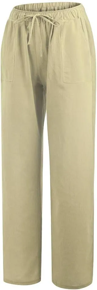 Womens Low-Rise Flowy Linen Pants Summer Beach Relax Fit Sweatpants Aesthetic Drawstring Bootcut Trousers with Pockets