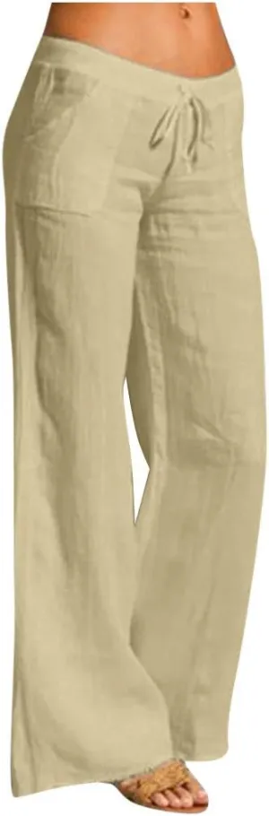 Womens Low-Rise Flowy Linen Pants Summer Beach Relax Fit Sweatpants Aesthetic Drawstring Bootcut Trousers with Pockets
