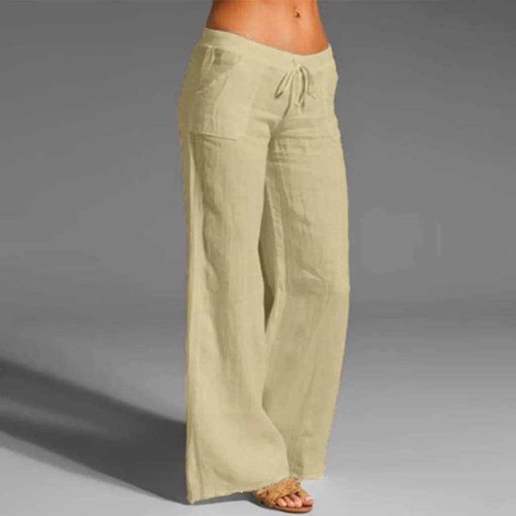 Womens Low-Rise Flowy Linen Pants Summer Beach Relax Fit Sweatpants Aesthetic Drawstring Bootcut Trousers with Pockets