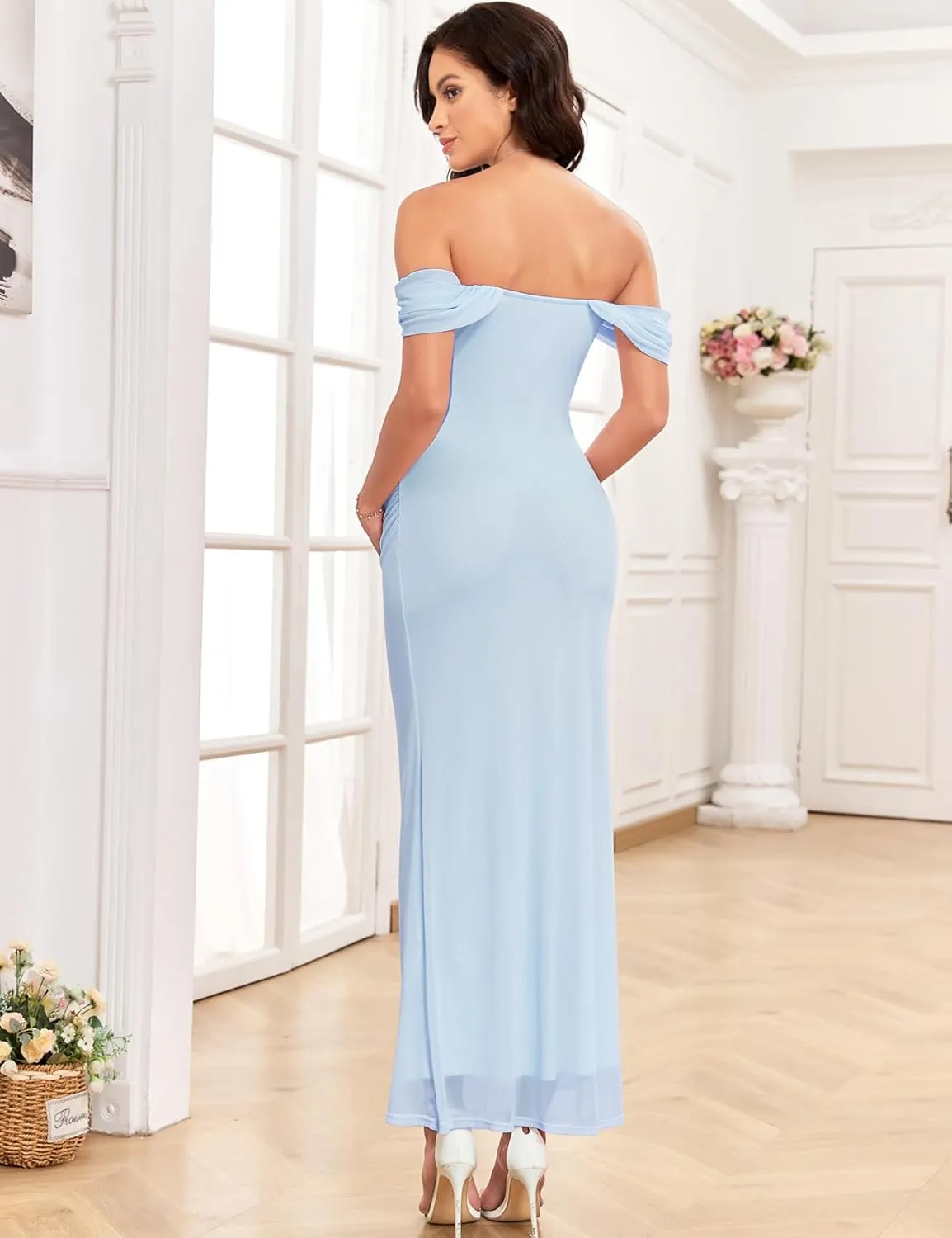 Women's Maternity Off The Shoulder Maxi Dress Mesh Ruched Bodycon Pregnancy Dresses Baby Shower Photoshoot