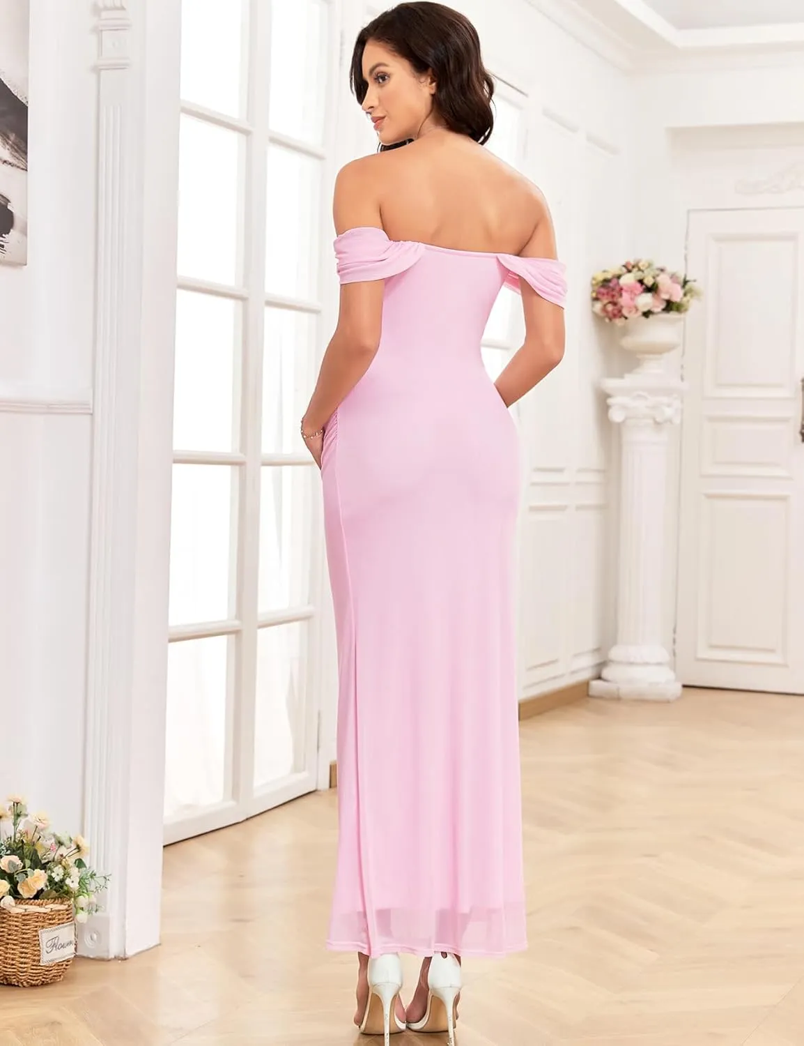 Women's Maternity Off The Shoulder Maxi Dress Mesh Ruched Bodycon Pregnancy Dresses Baby Shower Photoshoot