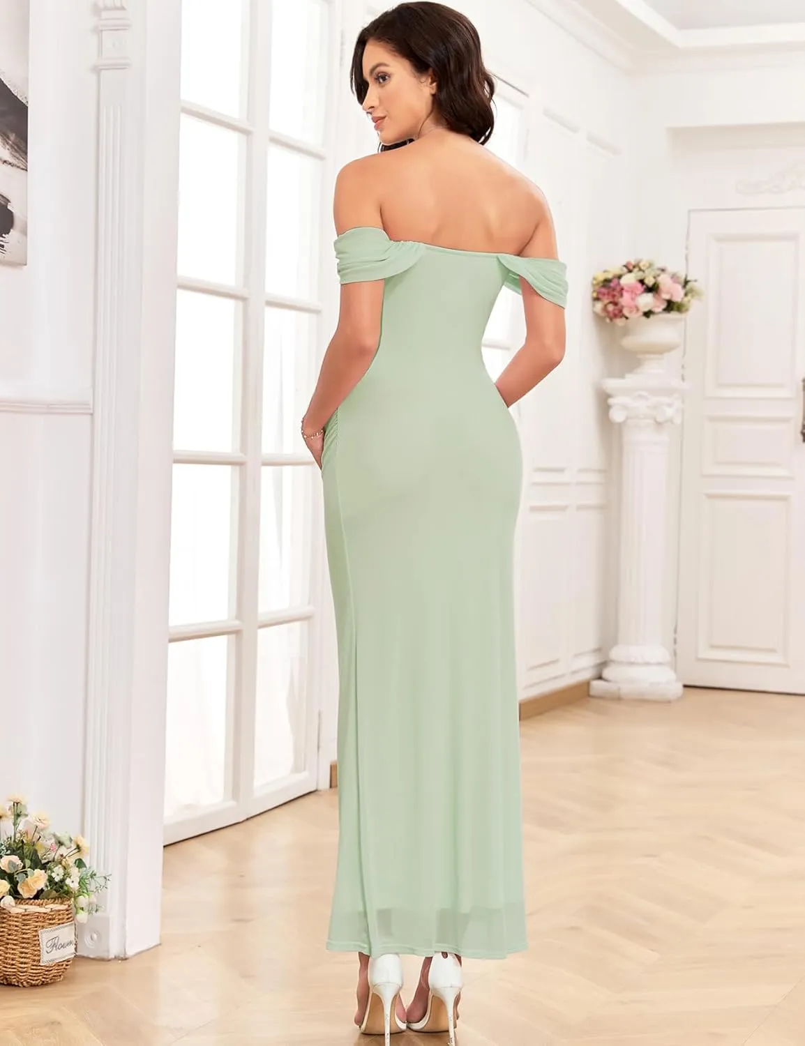 Women's Maternity Off The Shoulder Maxi Dress Mesh Ruched Bodycon Pregnancy Dresses Baby Shower Photoshoot