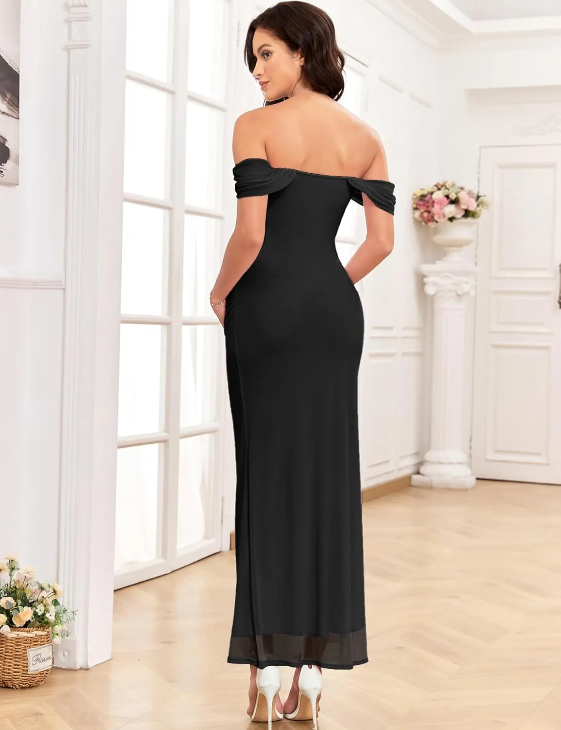 Women's Maternity Off The Shoulder Maxi Dress Mesh Ruched Bodycon Pregnancy Dresses Baby Shower Photoshoot