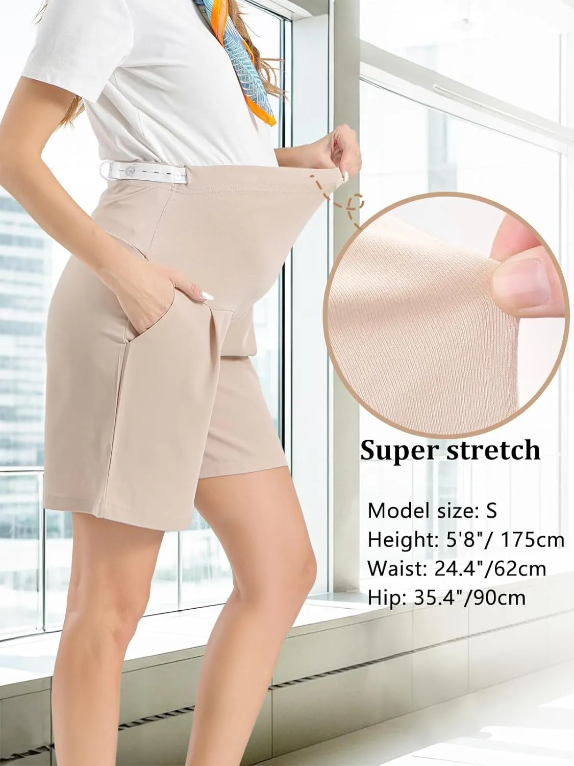 Womens Maternity Shorts Over The Belly, Pregnancy Shorts Dressy Tailored Comfy with Pockets Work Office Casual