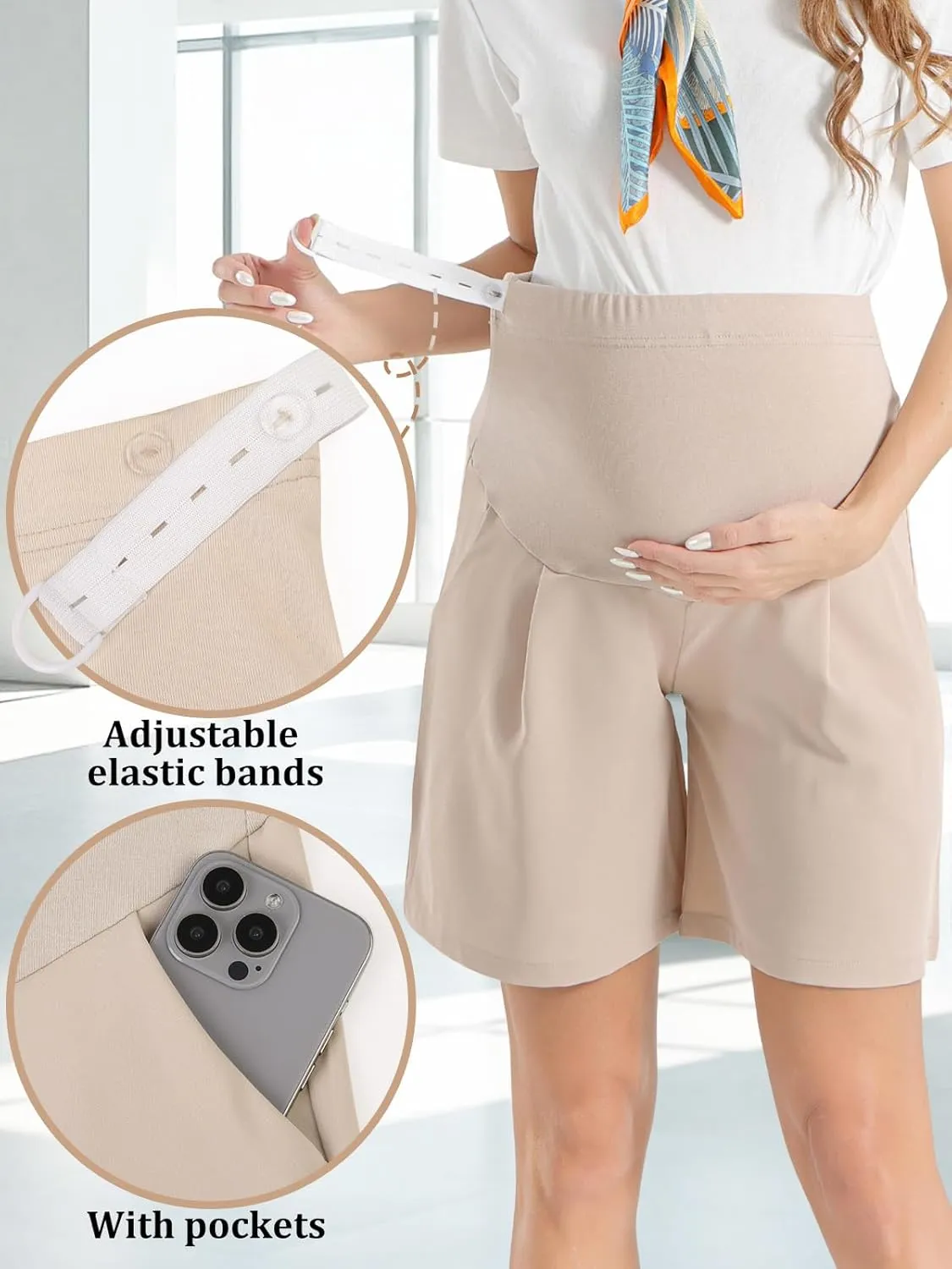 Womens Maternity Shorts Over The Belly, Pregnancy Shorts Dressy Tailored Comfy with Pockets Work Office Casual