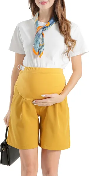Womens Maternity Shorts Over The Belly, Pregnancy Shorts Dressy Tailored Comfy with Pockets Work Office Casual