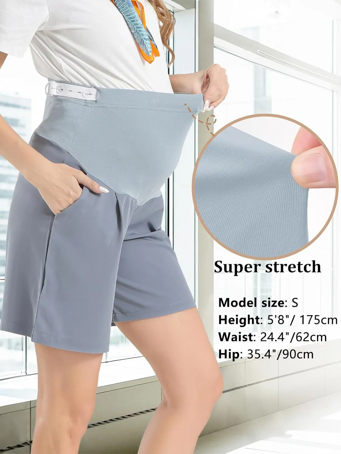 Womens Maternity Shorts Over The Belly, Pregnancy Shorts Dressy Tailored Comfy with Pockets Work Office Casual