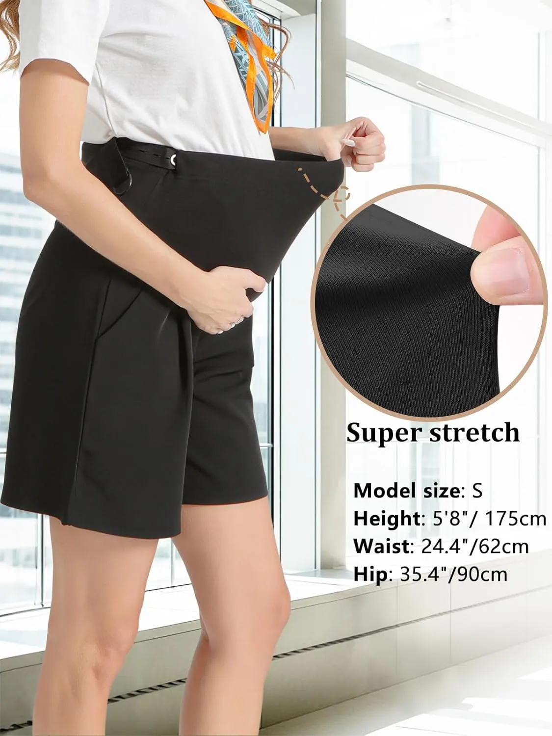 Womens Maternity Shorts Over The Belly, Pregnancy Shorts Dressy Tailored Comfy with Pockets Work Office Casual