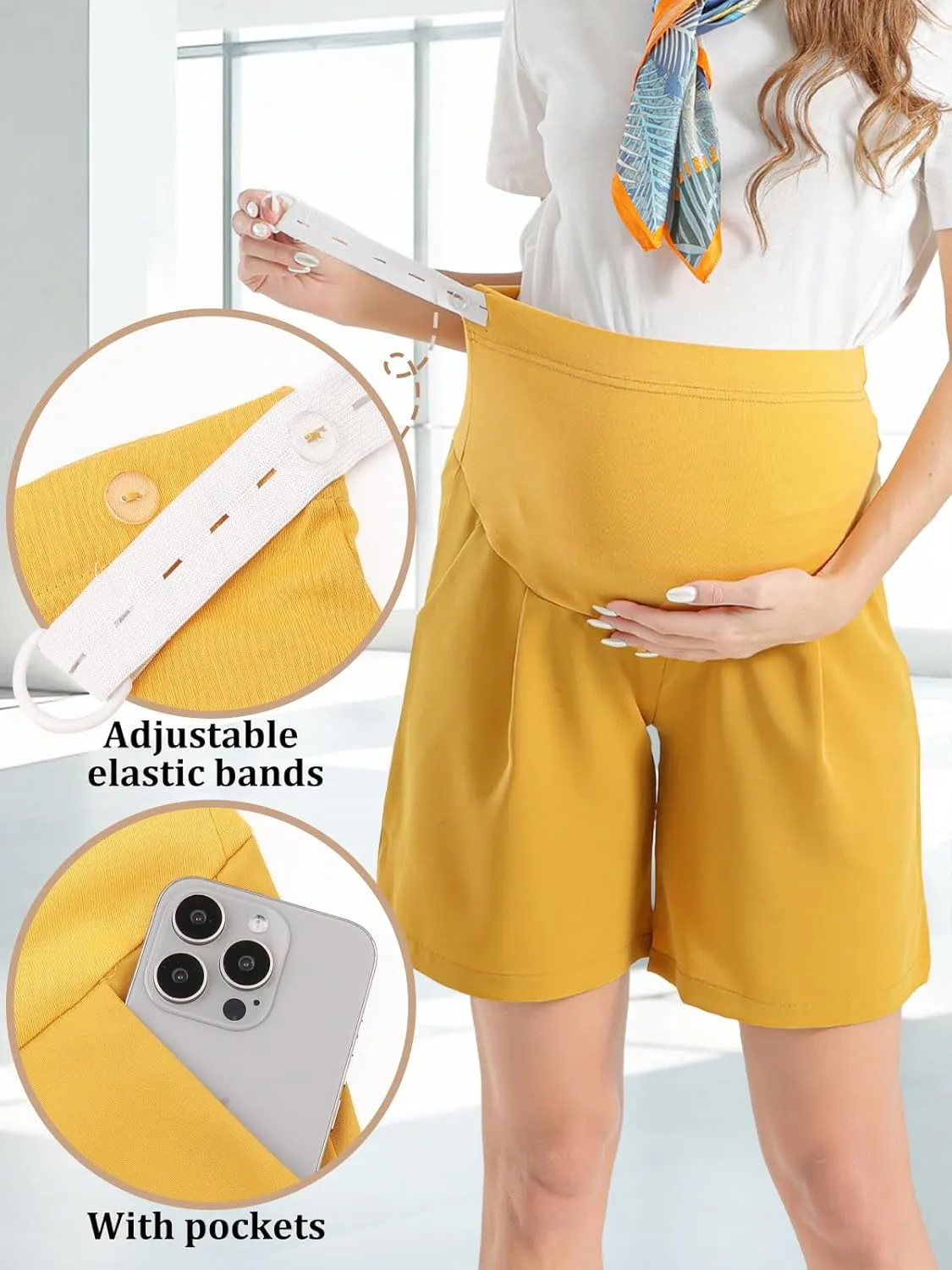 Womens Maternity Shorts Over The Belly, Pregnancy Shorts Dressy Tailored Comfy with Pockets Work Office Casual