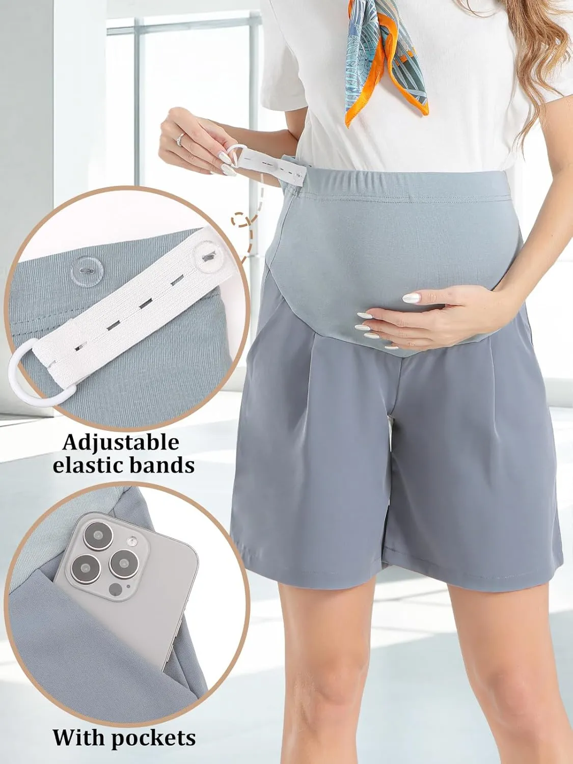 Womens Maternity Shorts Over The Belly, Pregnancy Shorts Dressy Tailored Comfy with Pockets Work Office Casual
