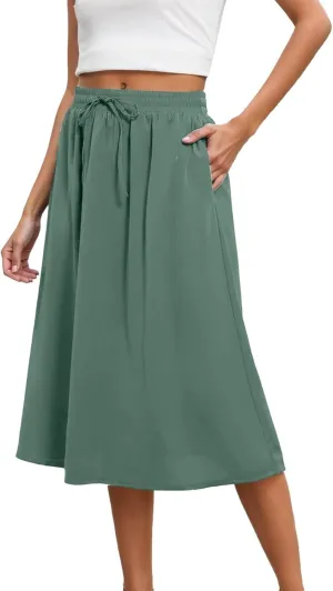 Women's Midi Skirt Summer Pleated Flowy Elastic High Waisted A-Line Skirt with Pockets Bohemia for Women 2025 Trendy