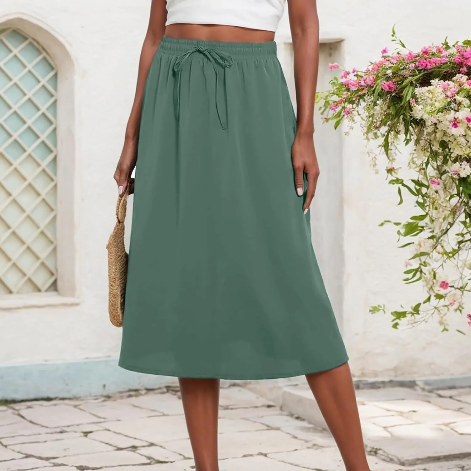 Women's Midi Skirt Summer Pleated Flowy Elastic High Waisted A-Line Skirt with Pockets Bohemia for Women 2025 Trendy