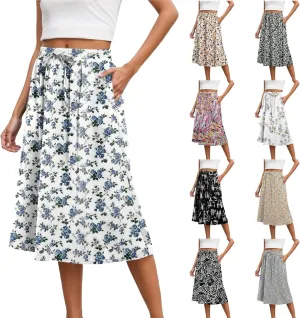 Women's Midi Skirt Summer Pleated Flowy Elastic High Waisted A-Line Skirt with Pockets Bohemia for Women 2025 Trendy