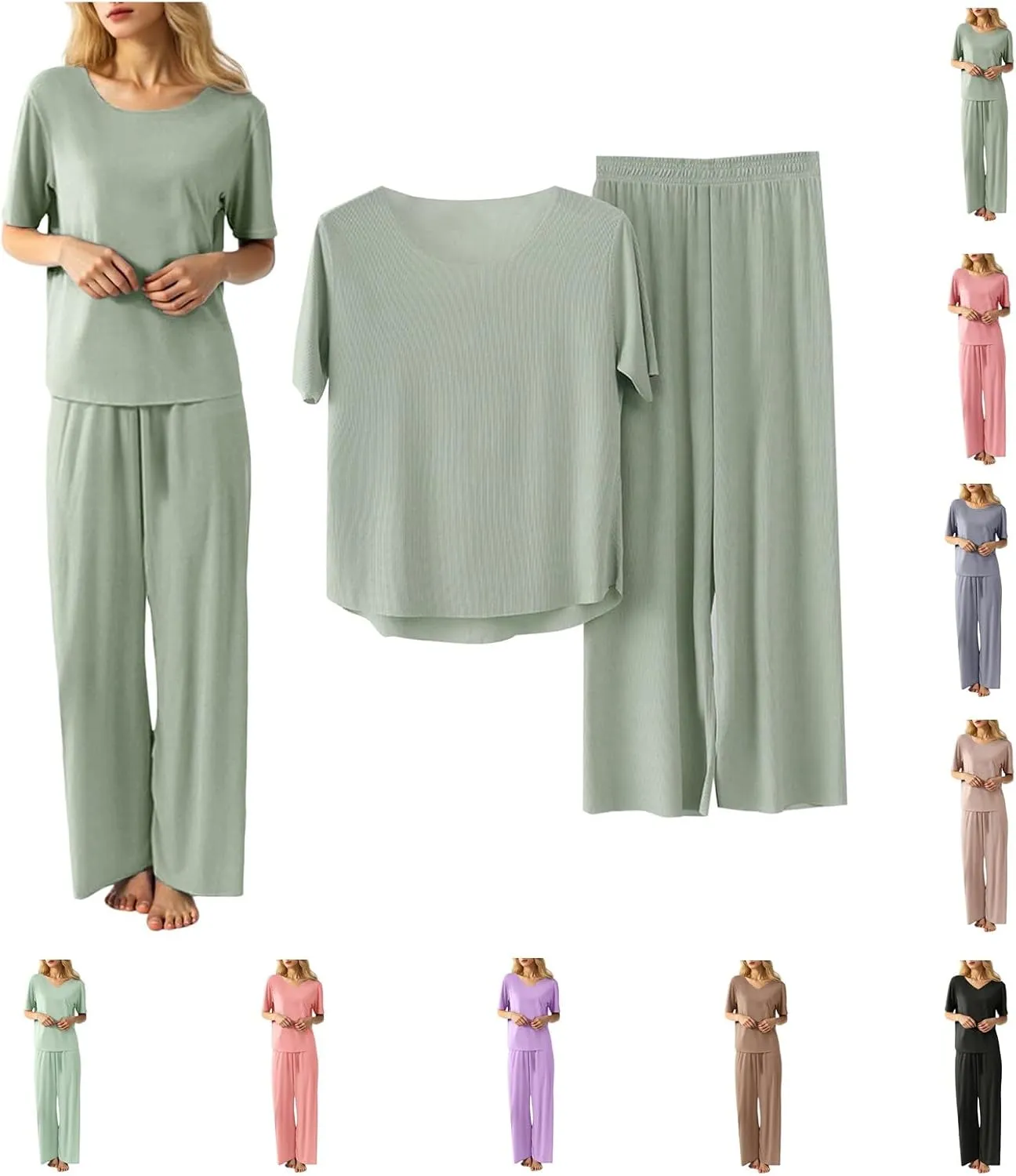 Womens Oversized 2 Piece PJ Sets Sexy Lounge Sets Summer Short Sleeve Ice Silk Pajama Wide Leg Casual Comfy Sleepwear