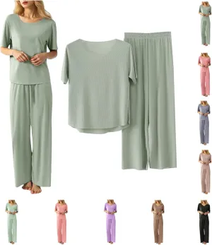 Womens Oversized 2 Piece PJ Sets Sexy Lounge Sets Summer Short Sleeve Ice Silk Pajama Wide Leg Casual Comfy Sleepwear