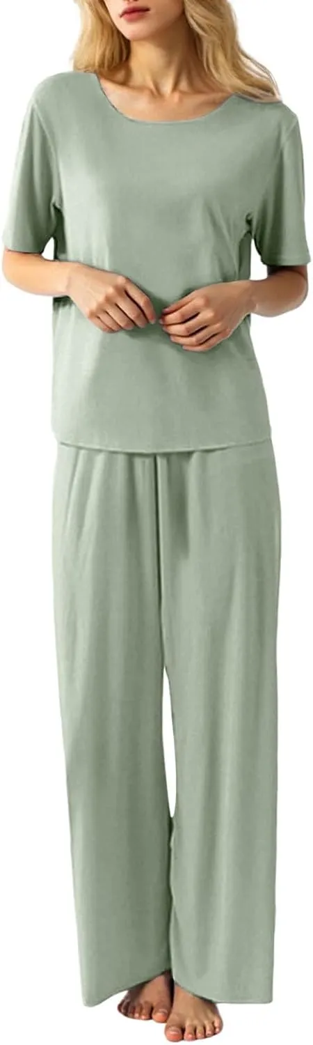 Womens Oversized 2 Piece PJ Sets Sexy Lounge Sets Summer Short Sleeve Ice Silk Pajama Wide Leg Casual Comfy Sleepwear