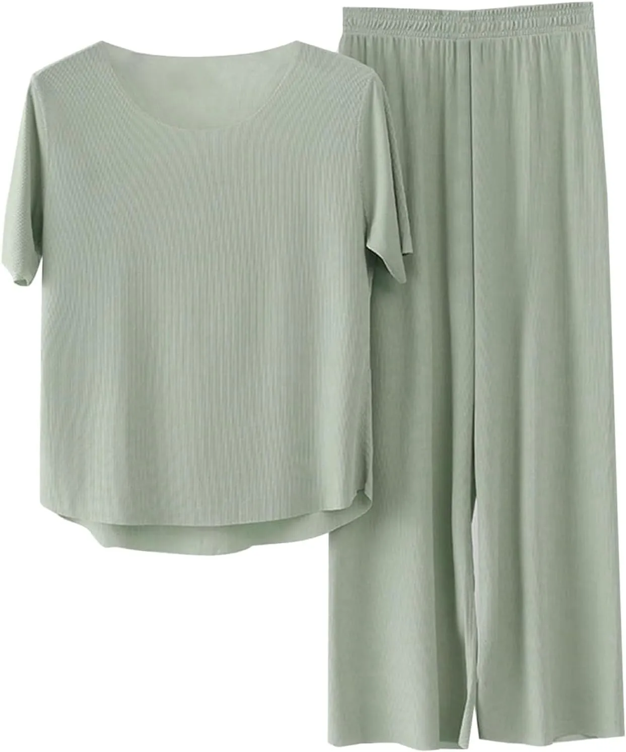Womens Oversized 2 Piece PJ Sets Sexy Lounge Sets Summer Short Sleeve Ice Silk Pajama Wide Leg Casual Comfy Sleepwear