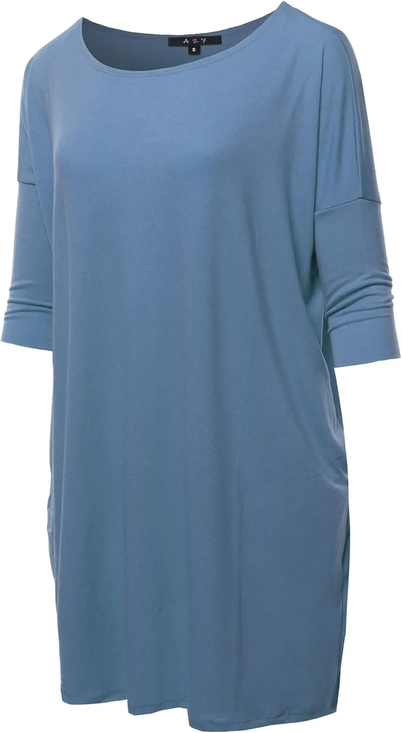Women's Oversized Crew Neck 3/4 Sleeve Side Pockets Drop Shoulder Boxy Top