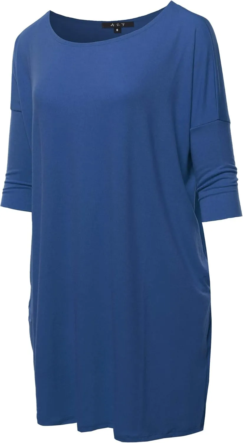 Women's Oversized Crew Neck 3/4 Sleeve Side Pockets Drop Shoulder Boxy Top