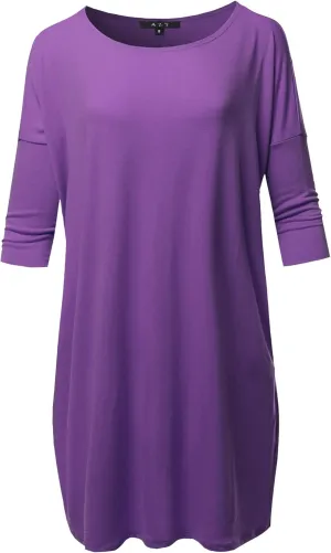 Women's Oversized Crew Neck 3/4 Sleeve Side Pockets Drop Shoulder Boxy Top