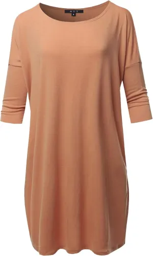 Women's Oversized Crew Neck 3/4 Sleeve Side Pockets Drop Shoulder Boxy Top