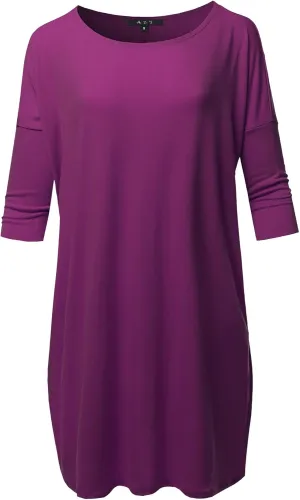 Women's Oversized Crew Neck 3/4 Sleeve Side Pockets Drop Shoulder Boxy Top