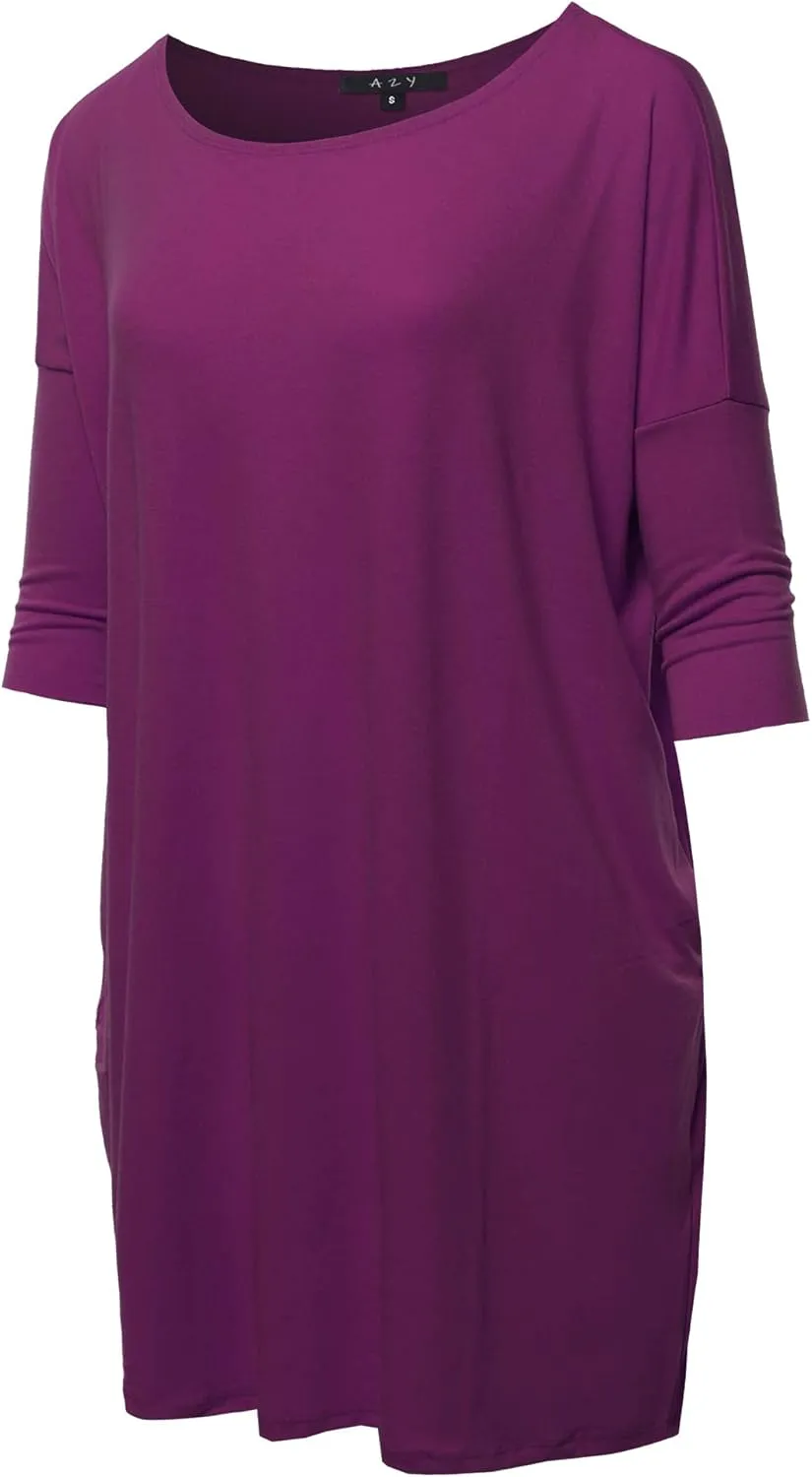 Women's Oversized Crew Neck 3/4 Sleeve Side Pockets Drop Shoulder Boxy Top