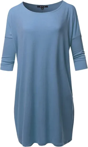 Women's Oversized Crew Neck 3/4 Sleeve Side Pockets Drop Shoulder Boxy Top