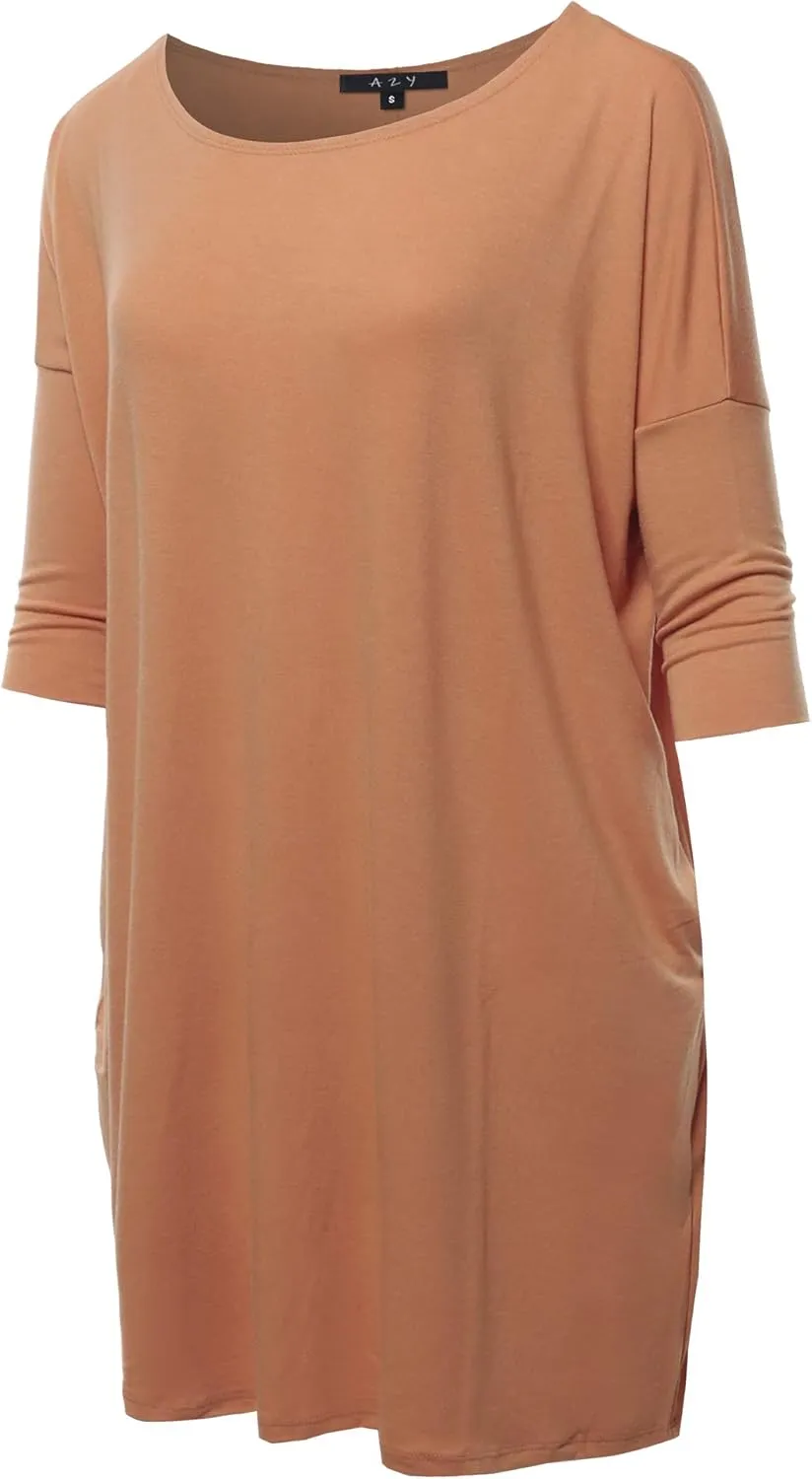 Women's Oversized Crew Neck 3/4 Sleeve Side Pockets Drop Shoulder Boxy Top