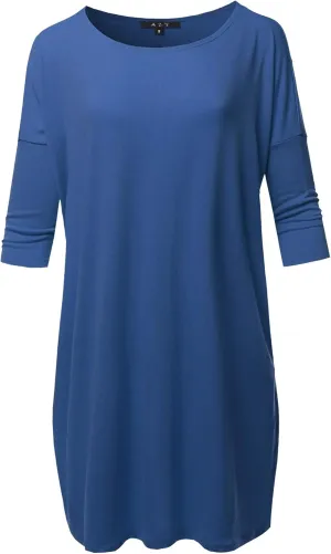 Women's Oversized Crew Neck 3/4 Sleeve Side Pockets Drop Shoulder Boxy Top