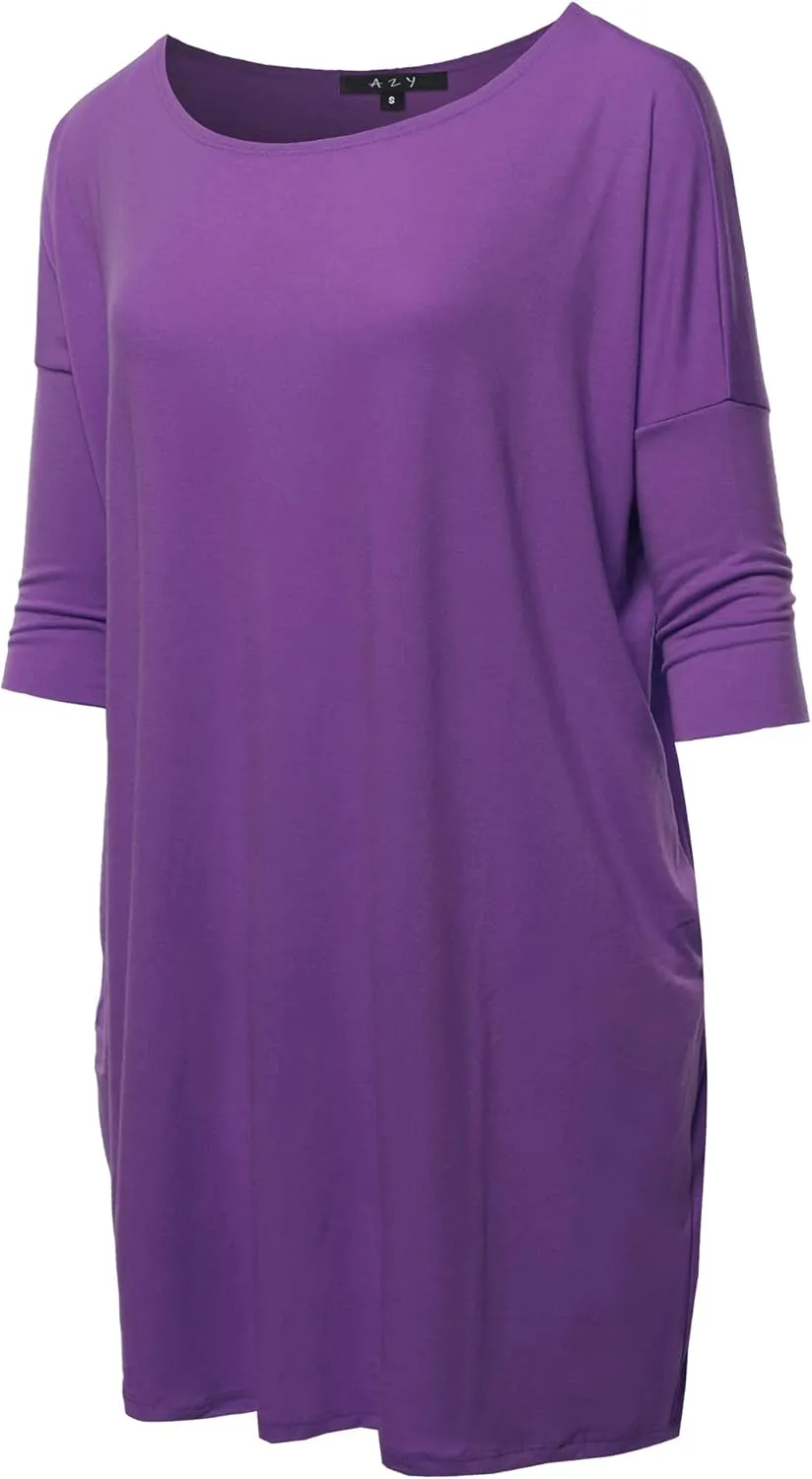 Women's Oversized Crew Neck 3/4 Sleeve Side Pockets Drop Shoulder Boxy Top