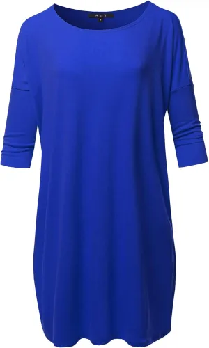 Women's Oversized Crew Neck 3/4 Sleeve Side Pockets Drop Shoulder Boxy Top