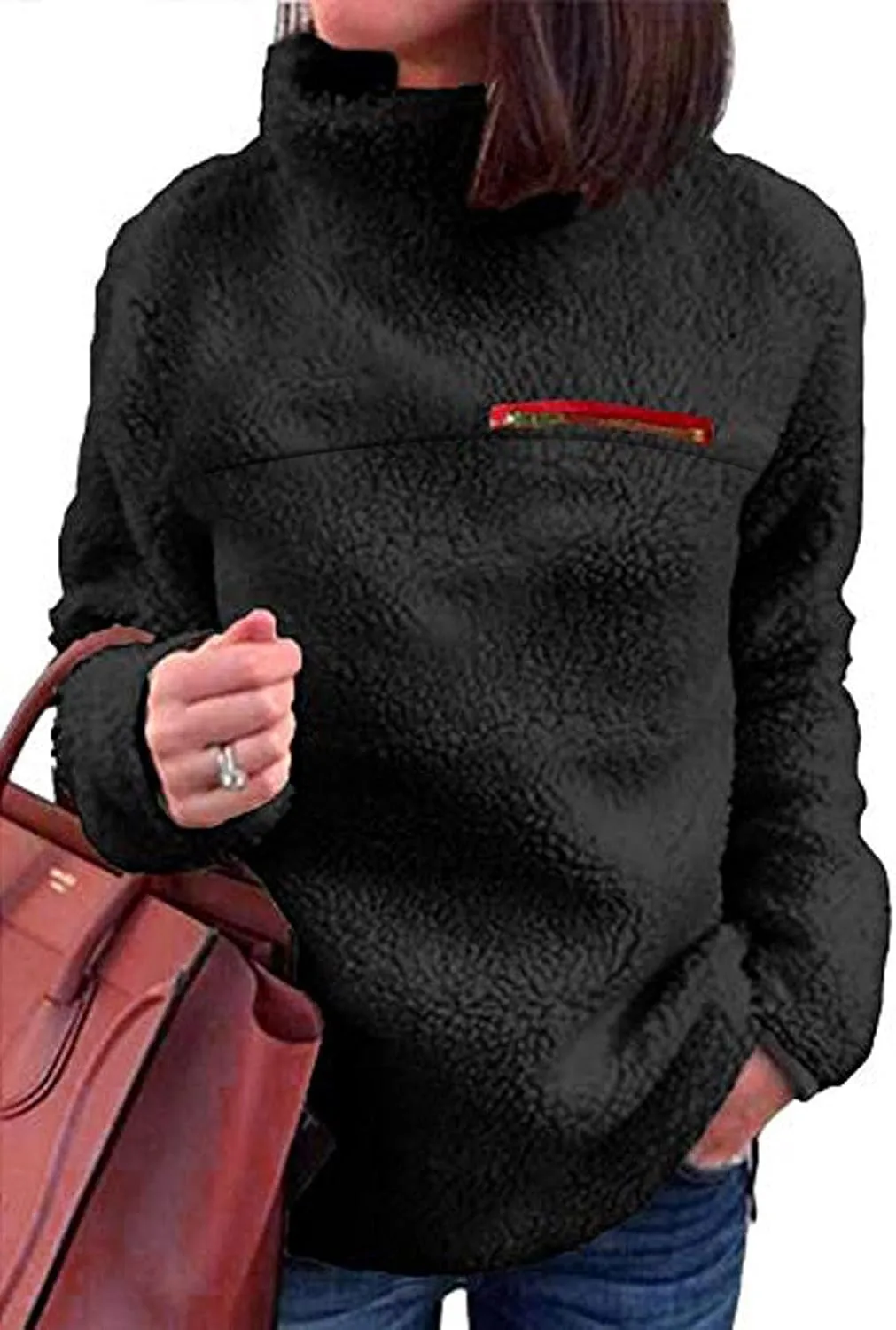 Women's Oversized Sherpa Fuzzy Fleece Sweatshirts Long Sleeves Turtleneck Casual Pullover Sweater Winter Fluffy Warm Outwear