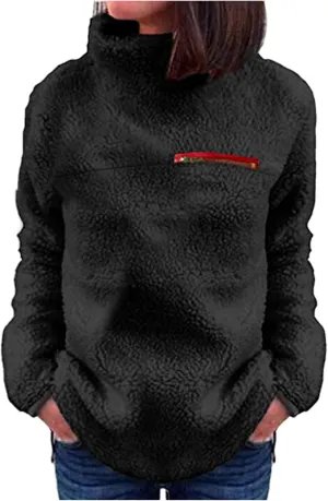 Women's Oversized Sherpa Fuzzy Fleece Sweatshirts Long Sleeves Turtleneck Casual Pullover Sweater Winter Fluffy Warm Outwear