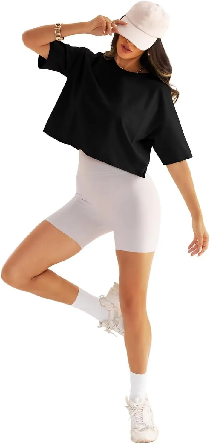 Womens Oversized Workout Crop Tops Cotton T Shirts Boxy Crewneck Loose Fit Short Sleeve Tee Summer Clothes 2025