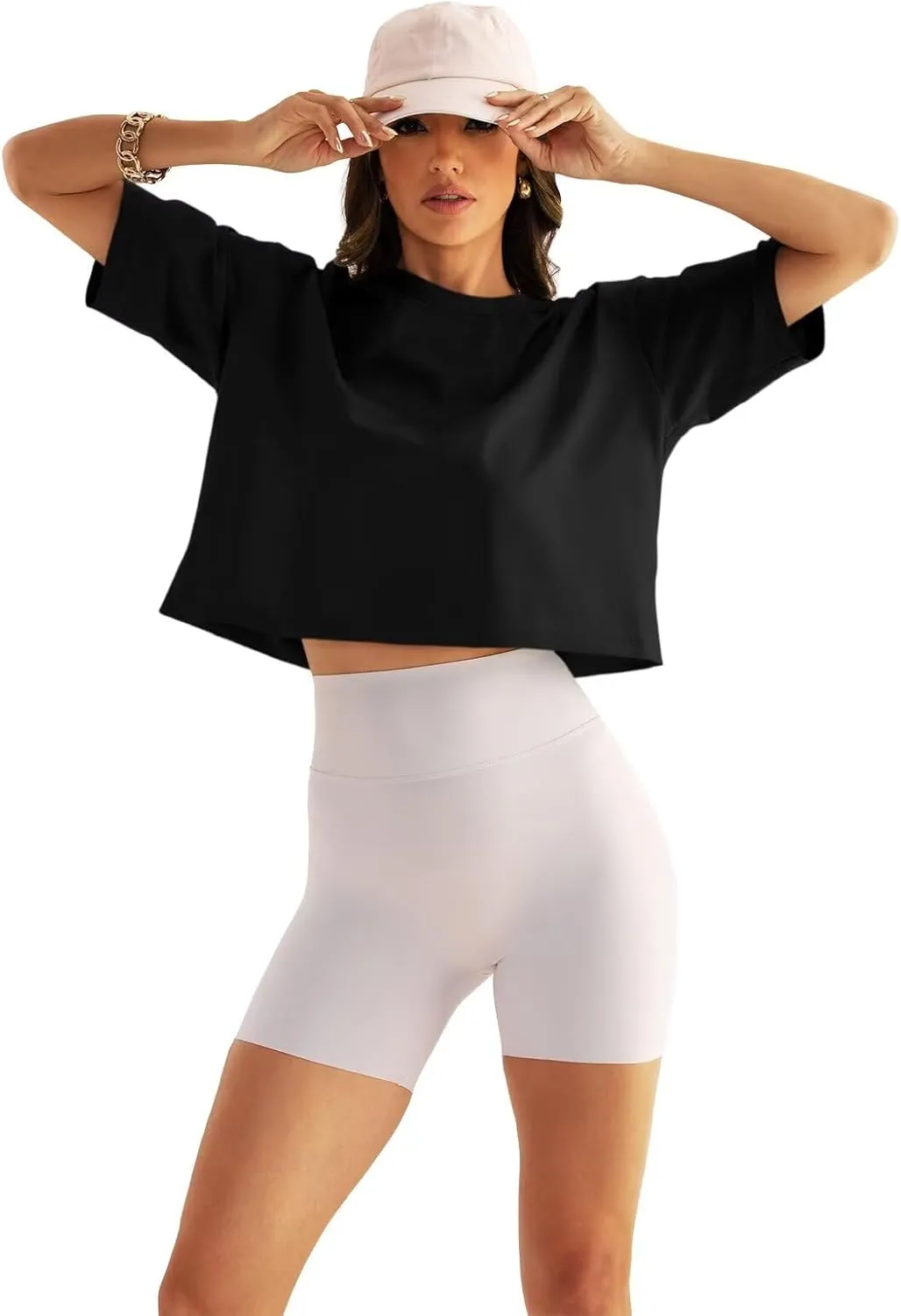 Womens Oversized Workout Crop Tops Cotton T Shirts Boxy Crewneck Loose Fit Short Sleeve Tee Summer Clothes 2025