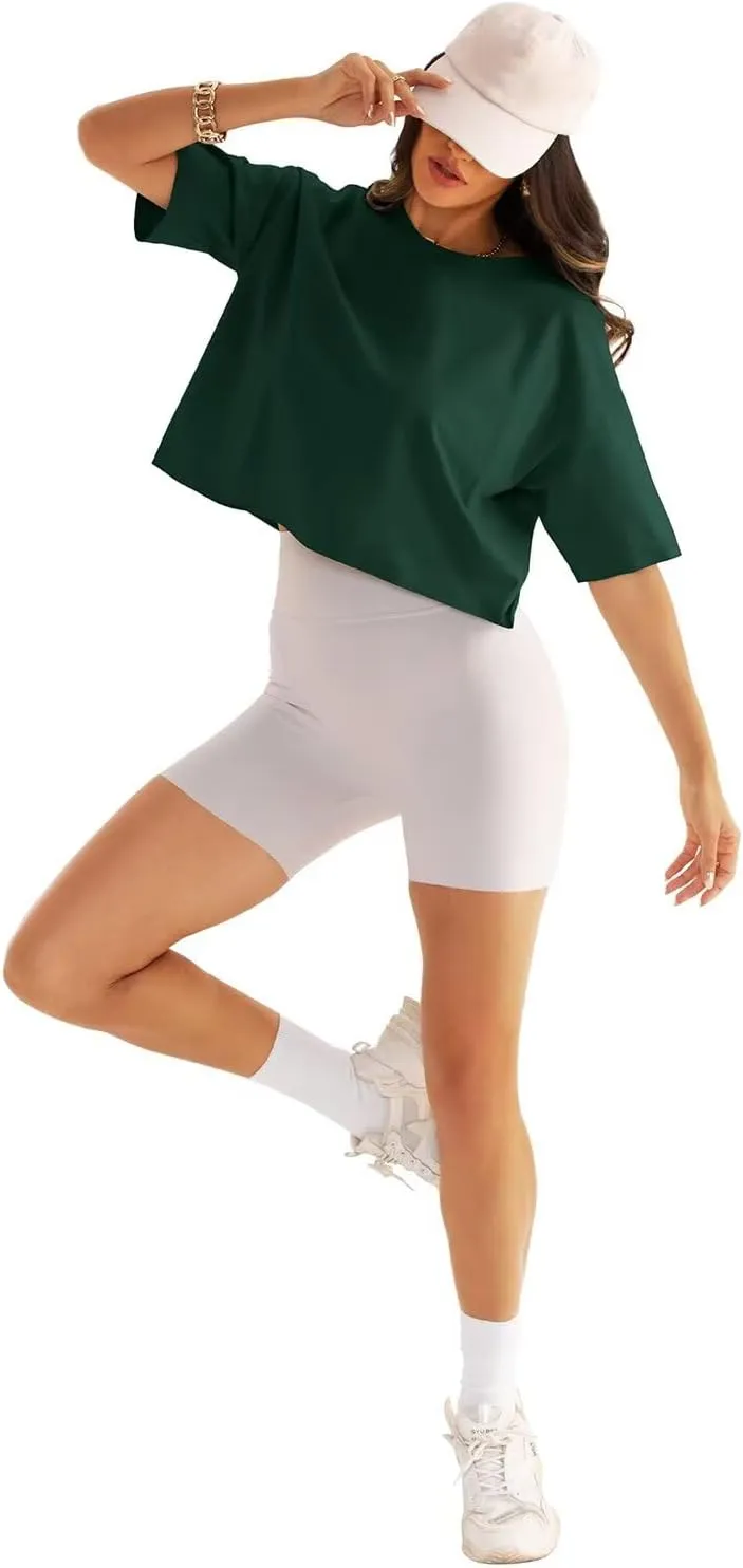 Womens Oversized Workout Crop Tops Cotton T Shirts Boxy Crewneck Loose Fit Short Sleeve Tee Summer Clothes 2025