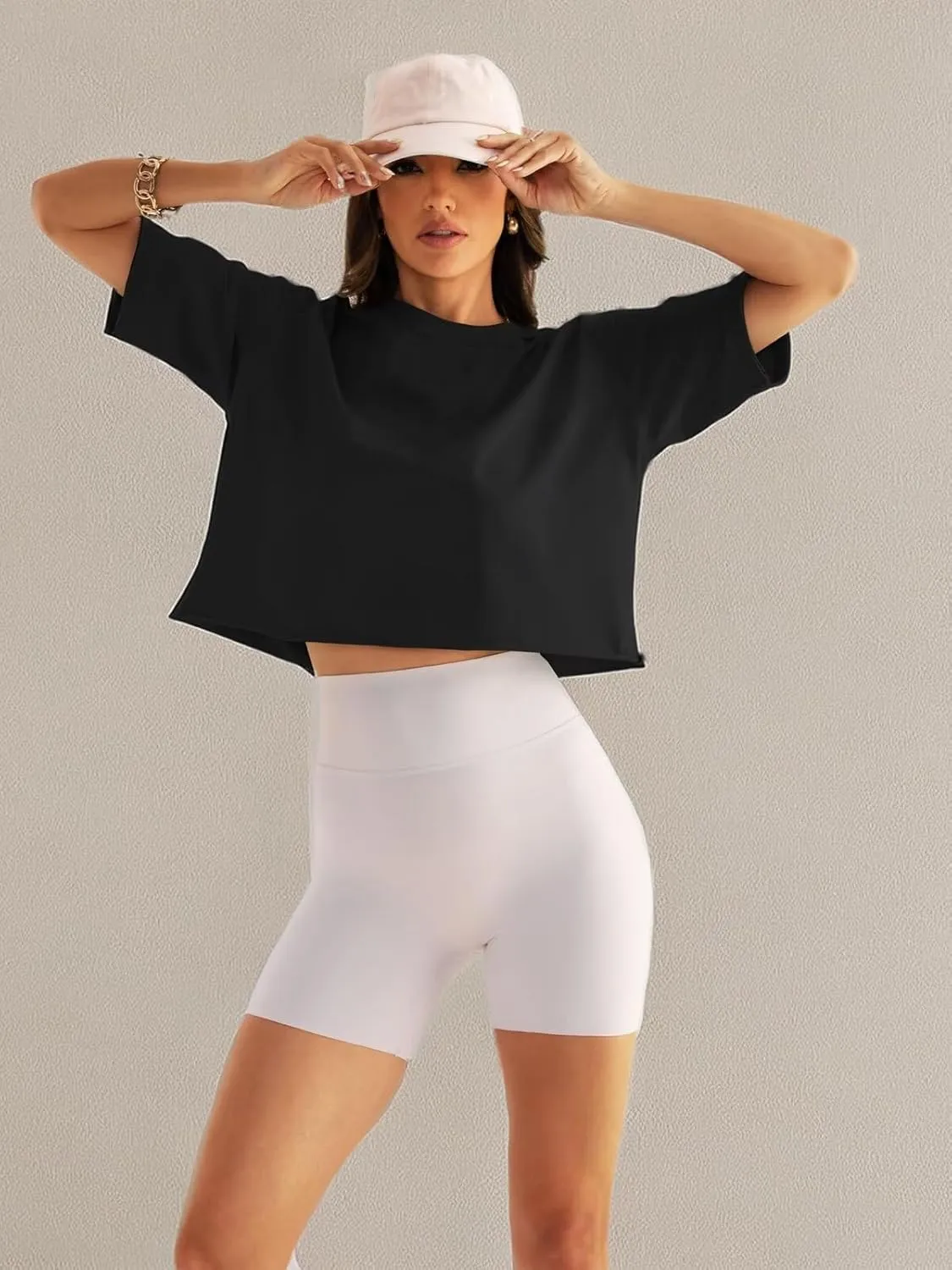 Womens Oversized Workout Crop Tops Cotton T Shirts Boxy Crewneck Loose Fit Short Sleeve Tee Summer Clothes 2025